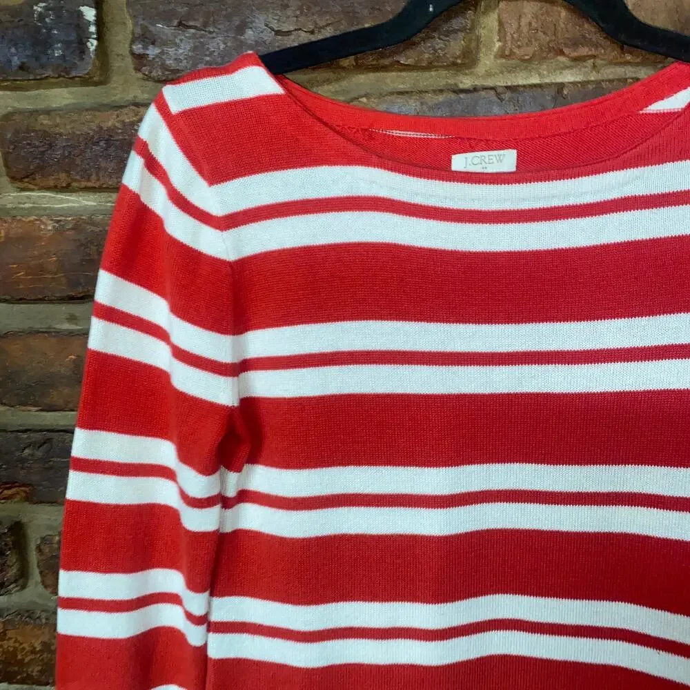 J. Crew Red White Striped Knit Boat Neck Pullover Sweater Women's Size XS